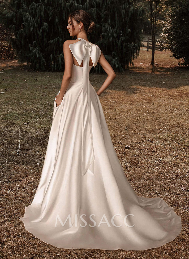 A-Line Halter Sleeveless Sweep Train Satin Wedding Dresses With Bow(s)
