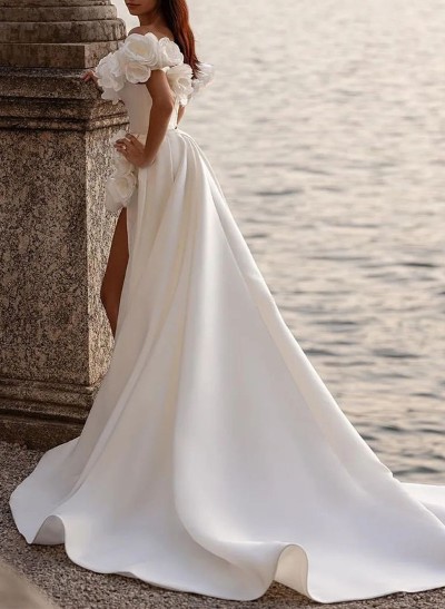 A-Line Off-The-Shoulder Sleeveless Satin Wedding Dresses With Flower(s)