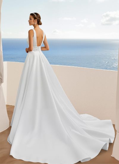 A-Line V-Neck Sleeveless Sweep Train Satin Wedding Dresses