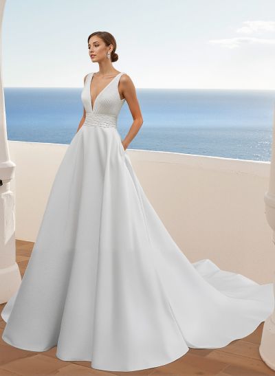 A-Line V-Neck Sleeveless Sweep Train Satin Wedding Dresses