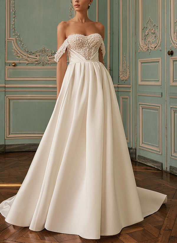 A-Line Off-The-Shoulder Sleeveless Sweep Train Lace/Satin Wedding Dresses