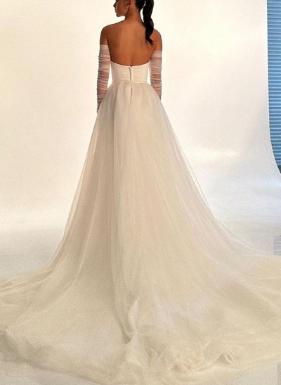 A-Line Strapless Long Sleeves Sweep Train Satin/Tulle Wedding Dresses