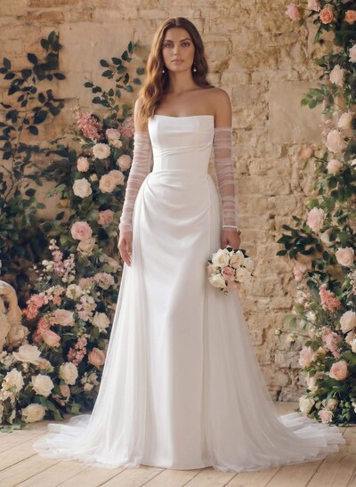 A-Line Strapless Long Sleeves Sweep Train Satin/Tulle Wedding Dresses