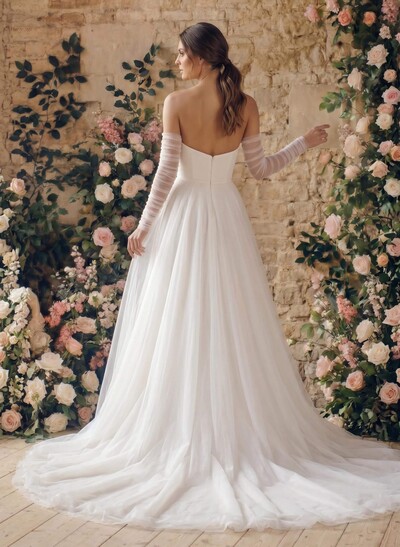 A-Line Strapless Long Sleeves Sweep Train Satin/Tulle Wedding Dresses
