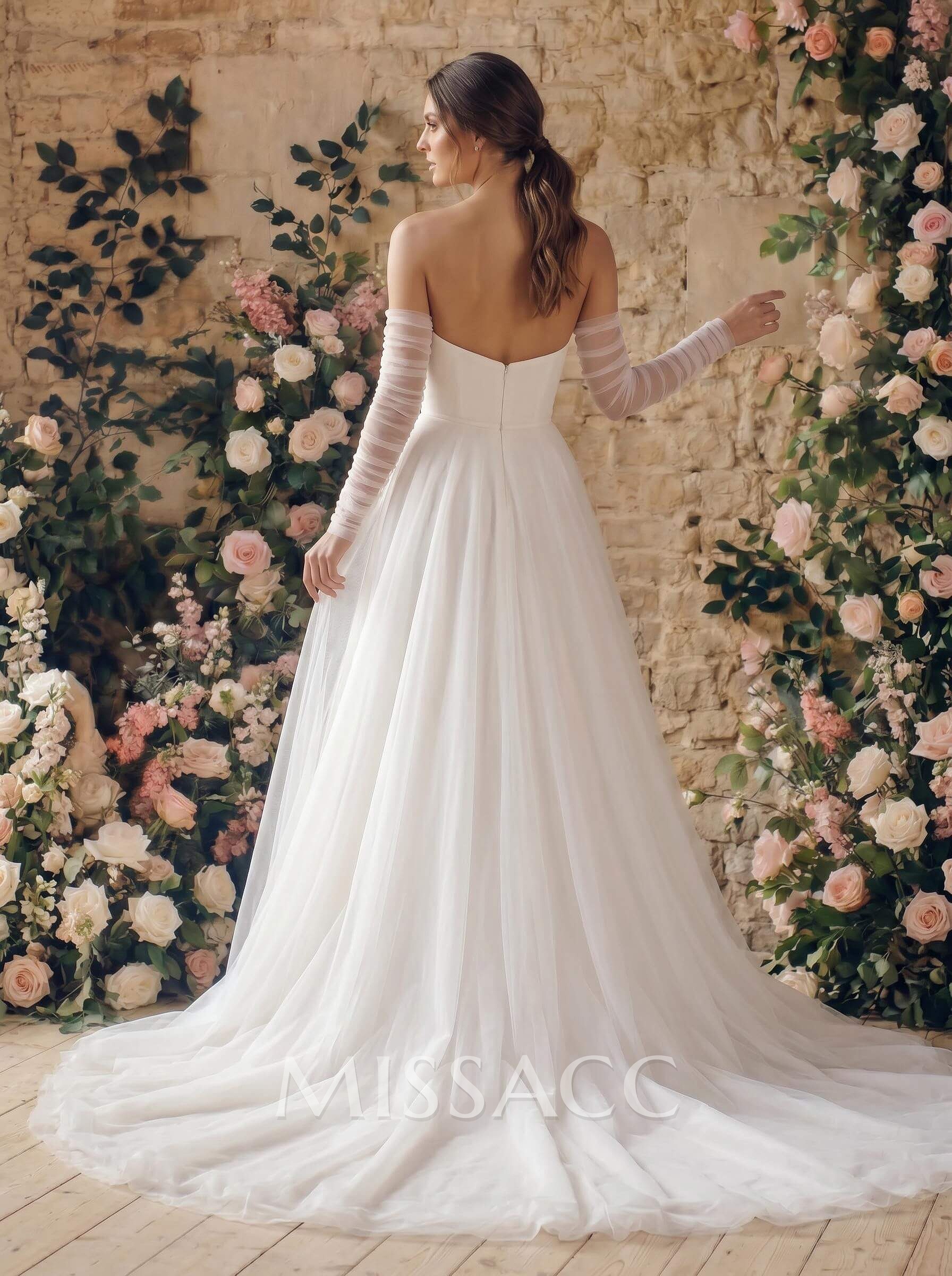 A-Line Strapless Long Sleeves Sweep Train Satin/Tulle Wedding Dresses