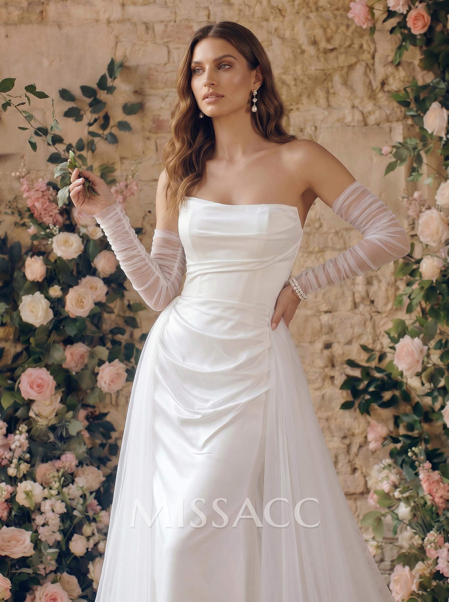 A-Line Strapless Long Sleeves Sweep Train Satin/Tulle Wedding Dresses