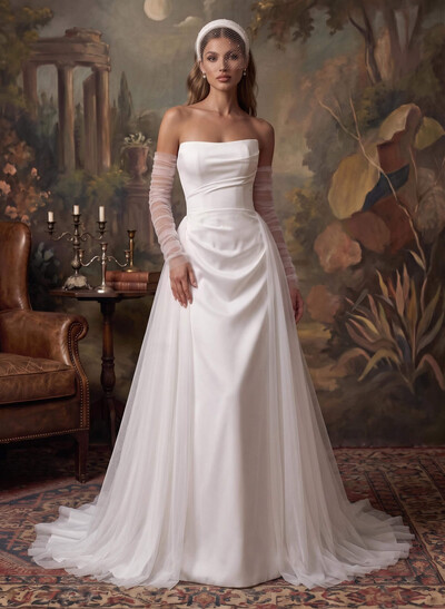 A-Line Strapless Long Sleeves Sweep Train Satin/Tulle Wedding Dresses
