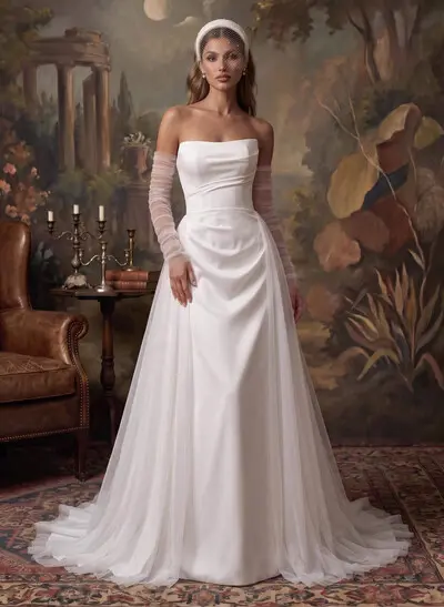 A-Line Strapless Long Sleeves Sweep Train Satin/Tulle Wedding Dresses