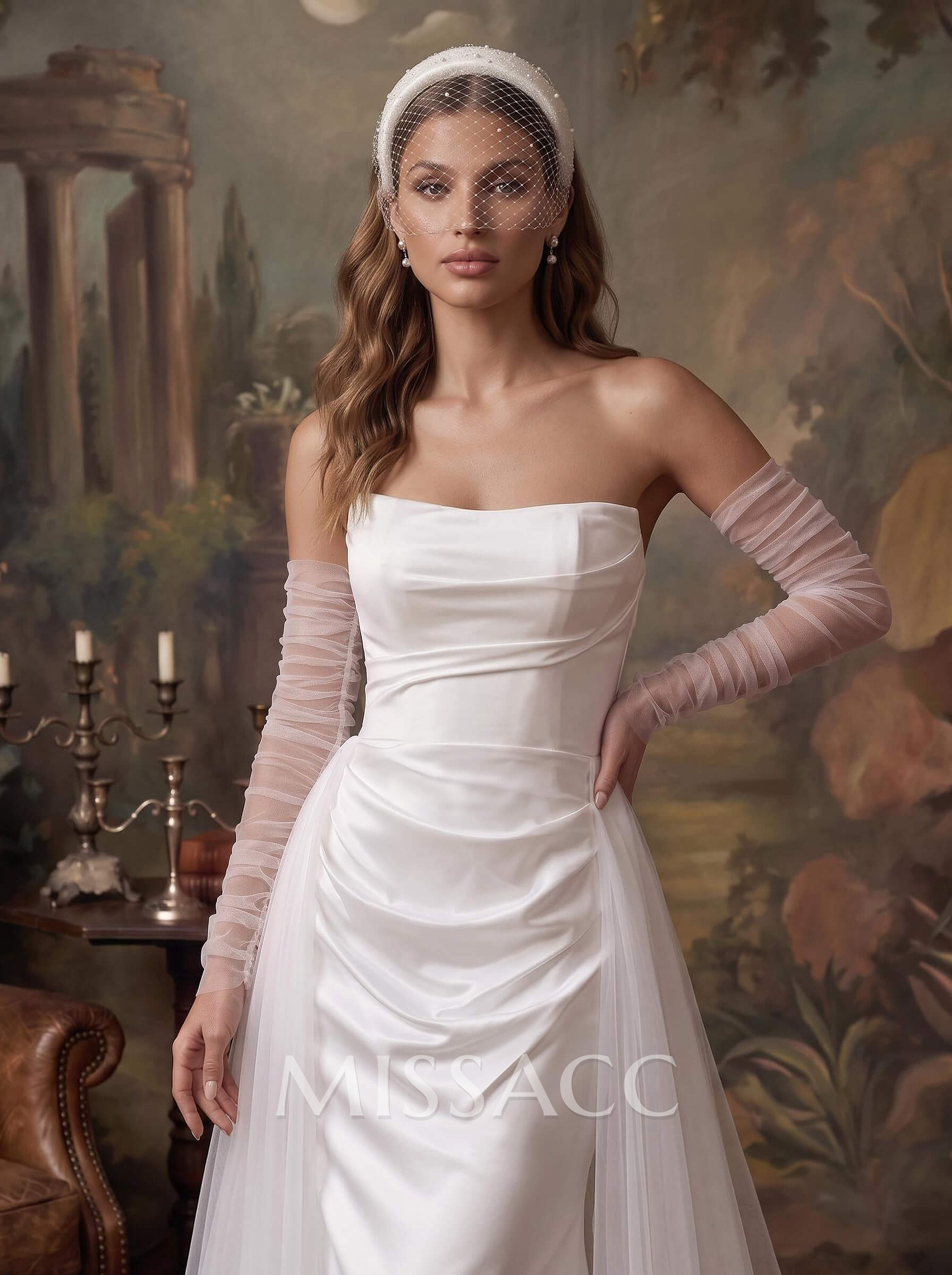 A-Line Strapless Long Sleeves Sweep Train Satin/Tulle Wedding Dresses A-Line Strapless Long Sleeves Sweep Train Satin/Tulle Wedding Dresses