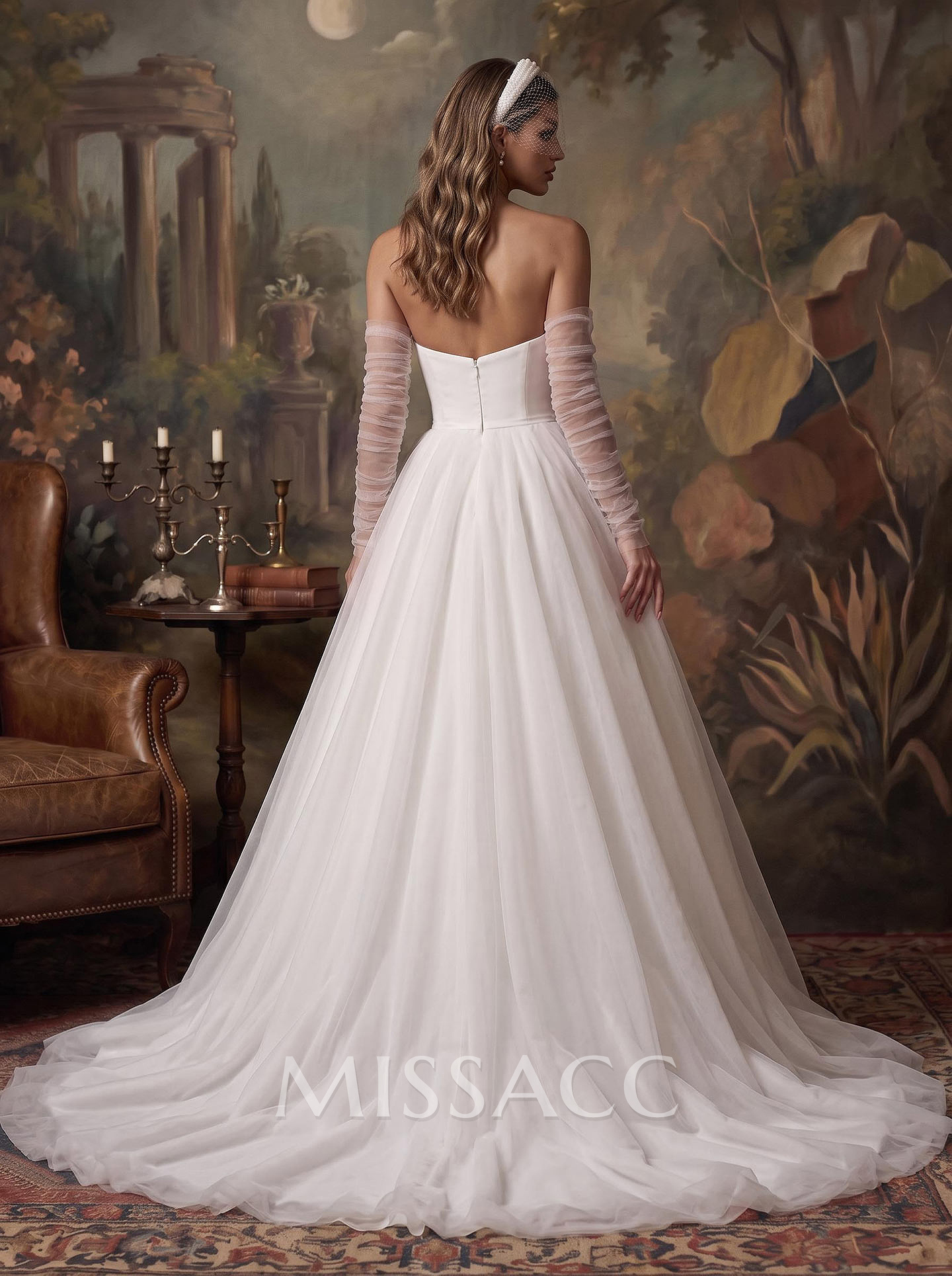 A-Line Strapless Long Sleeves Sweep Train Satin/Tulle Wedding Dresses A-Line Strapless Long Sleeves Sweep Train Satin/Tulle Wedding Dresses