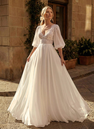 A-Line V-Neck 1/2 Sleeves Sweep Train Chiffon/Lace Wedding Dresses