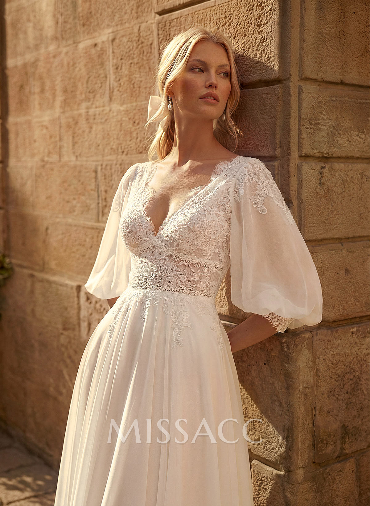 A-Line V-Neck 1/2 Sleeves Sweep Train Chiffon/Lace Wedding Dresses A-Line V-Neck 1/2 Sleeves Sweep Train Chiffon/Lace Wedding Dresses