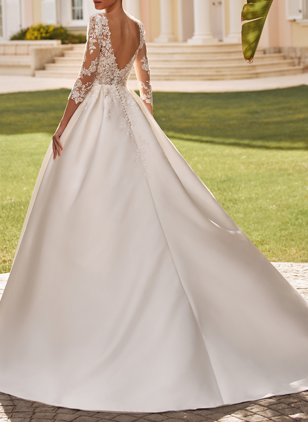 A-Line V-Neck 3/4 Sleeves Court Train Lace/Satin Wedding Dresses