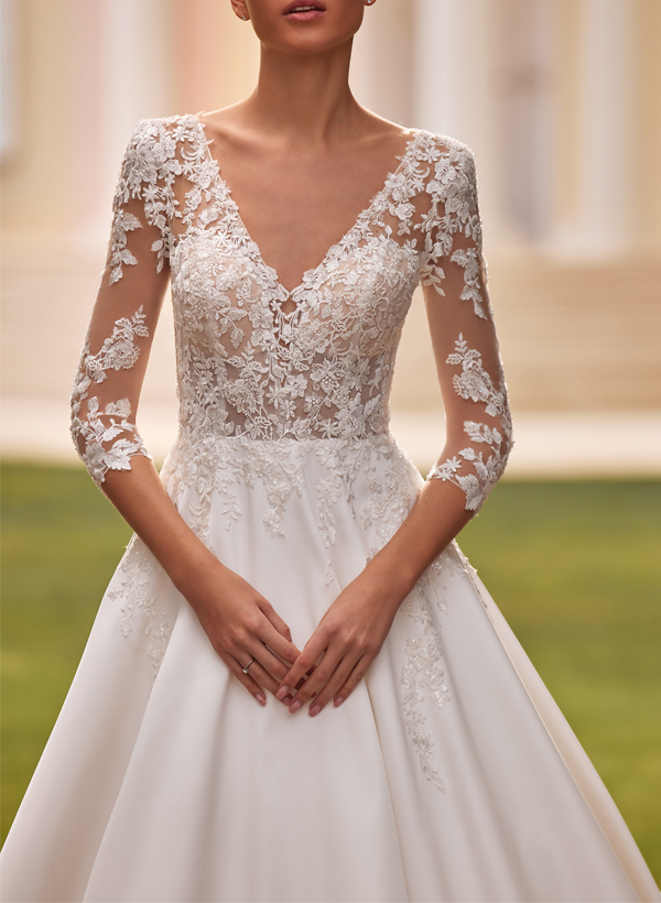 A-Line V-Neck 3/4 Sleeves Court Train Lace/Satin Wedding Dresses