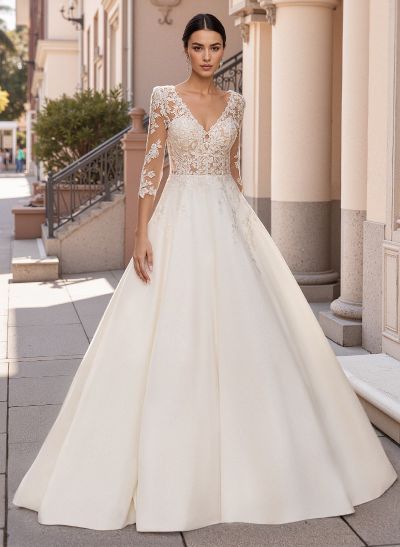 A-Line V-Neck 3/4 Sleeves Court Train Lace/Satin Wedding Dresses