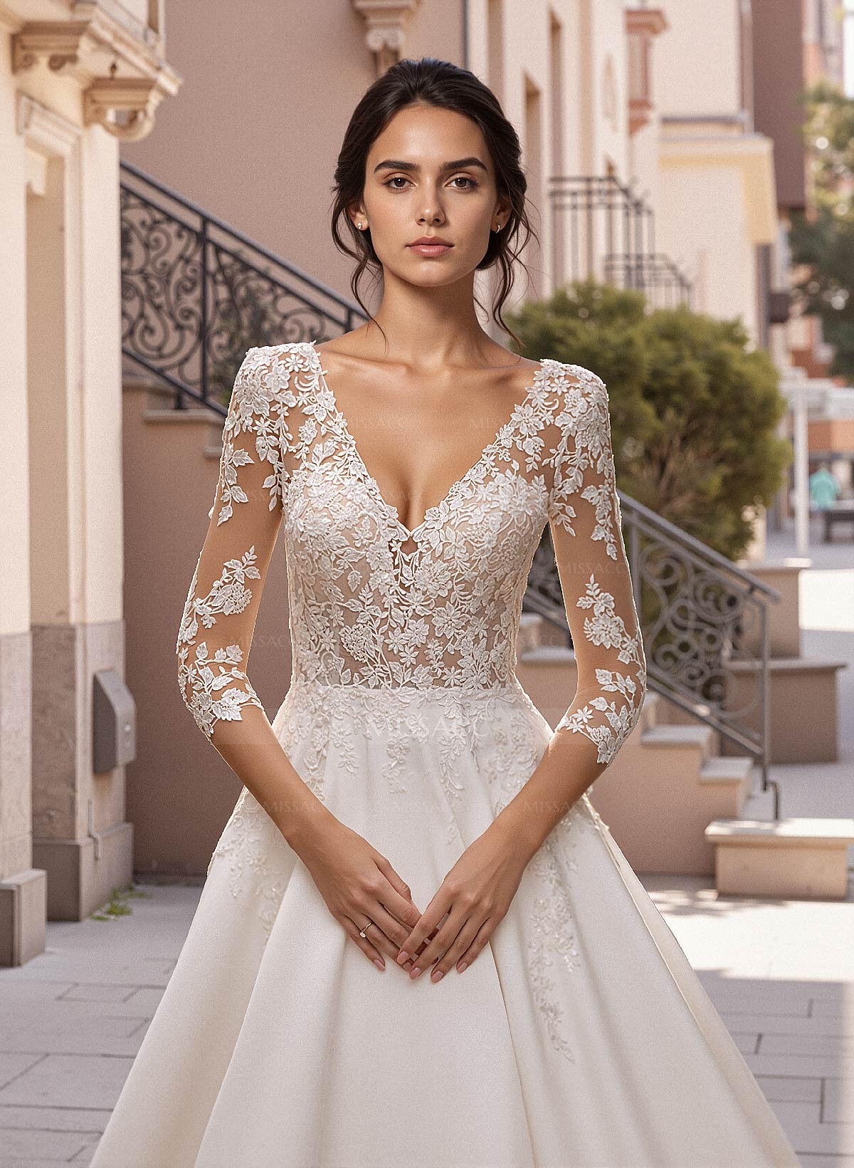 A-Line V-Neck 3/4 Sleeves Court Train Lace/Satin Wedding Dresses