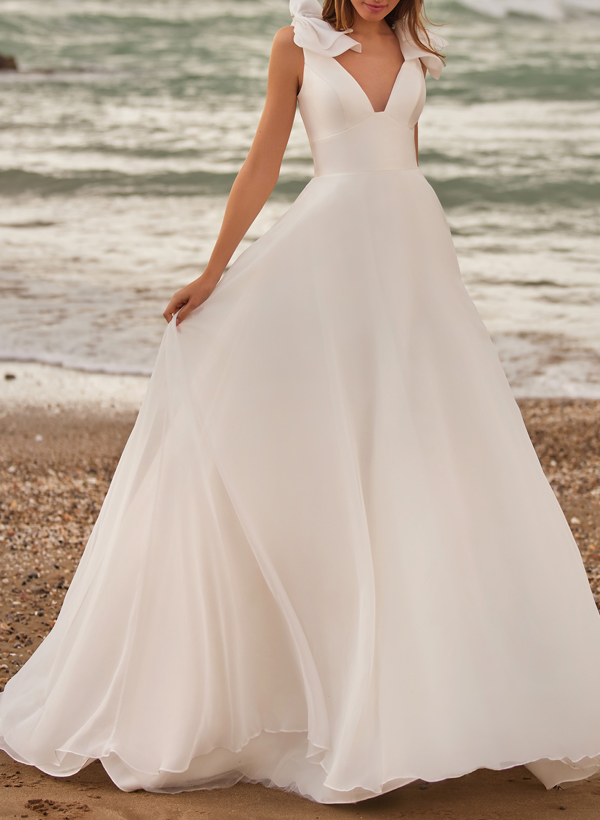 A-Line V-Neck Sleeveless Chiffon/Satin Wedding Dresses With Bow(s)