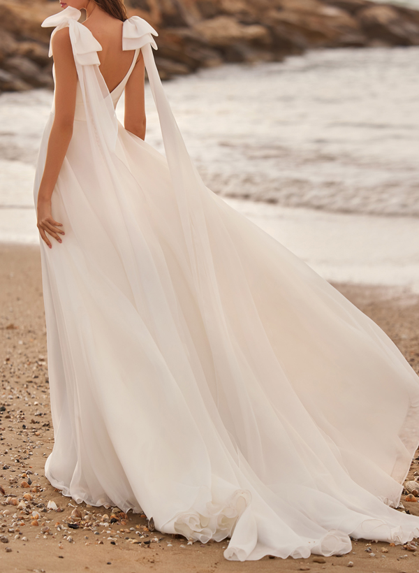 A-Line V-Neck Sleeveless Chiffon/Satin Wedding Dresses With Bow(s)