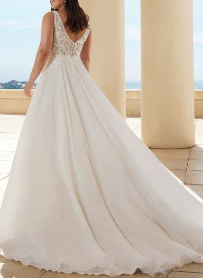 A-Line V-Neck Sleeveless Court Train Chiffon/Lace Wedding Dresses