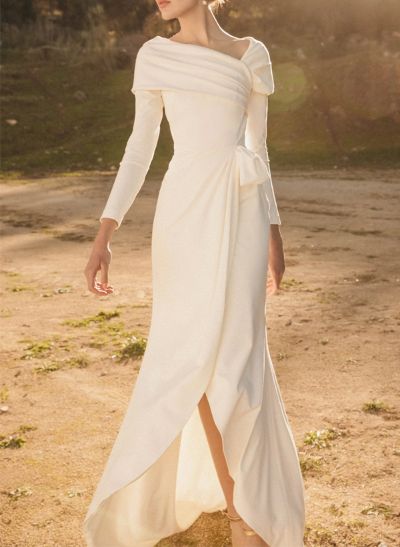 Sheath/Column Asymmetrical Elastic Satin Wedding Dresses With Split Front