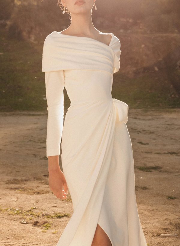 Sheath/Column Asymmetrical Elastic Satin Wedding Dresses With Split Front