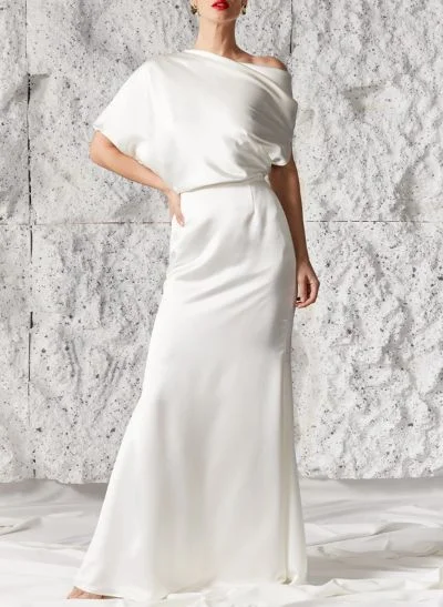 Sheath/Column Asymmetrical Short Sleeves Silk Like Satin Wedding Dresses