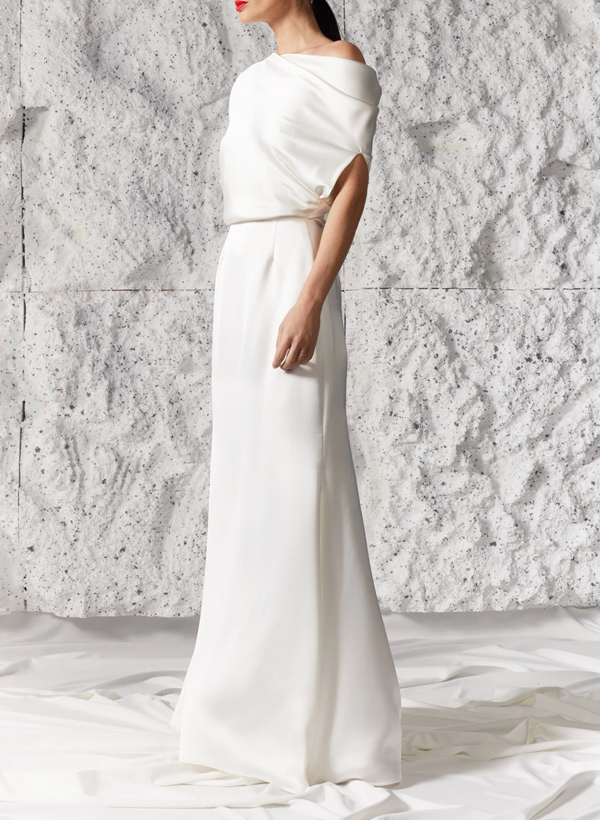 Sheath/Column Asymmetrical Short Sleeves Silk Like Satin Wedding Dresses