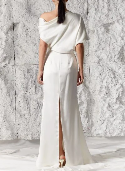 Sheath/Column Asymmetrical Short Sleeves Silk Like Satin Wedding Dresses