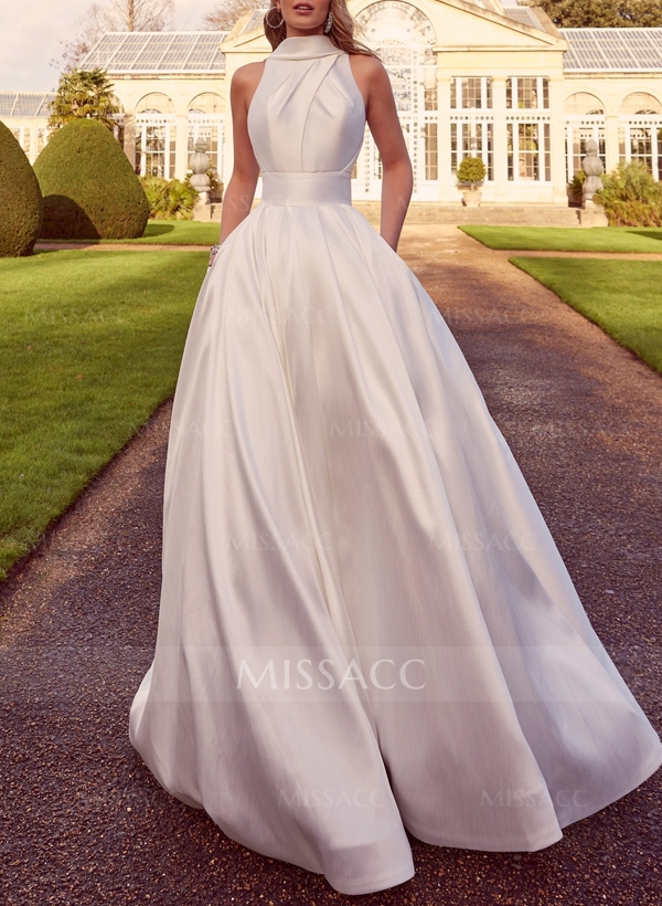 A-Line Halter Sleeveless Court Train Satin Wedding Dresses