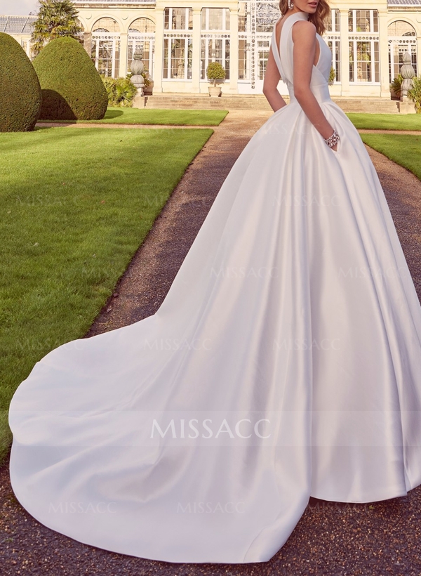 A-Line Halter Sleeveless Court Train Satin Wedding Dresses