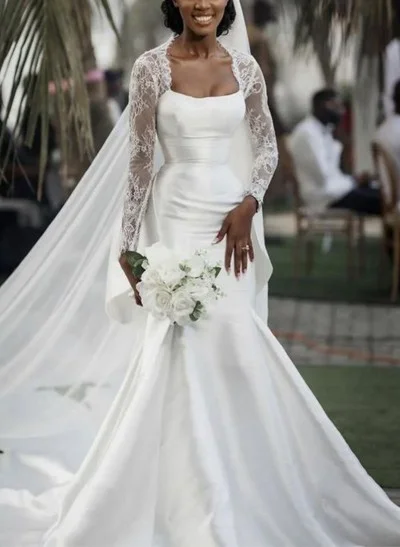 Trumpet/Mermaid Square Neckline Satin Wedding Dresses With Lace