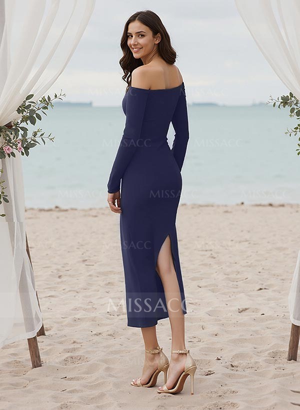 Sheath/Column Off-The-Shoulder Long Sleeves Elastic Satin Bridesmaid Dresses