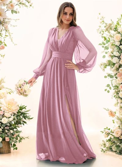 A-Line V-Neck Long Sleeves Floor-Length Chiffon Bridesmaid Dresses With Split Front