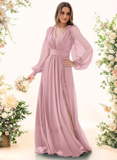 A-Line V-Neck Long Sleeves Floor-Length Chiffon Bridesmaid Dresses With Split Front