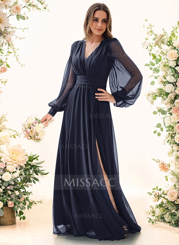 A-Line V-Neck Long Sleeves Floor-Length Chiffon Bridesmaid Dresses With Split Front