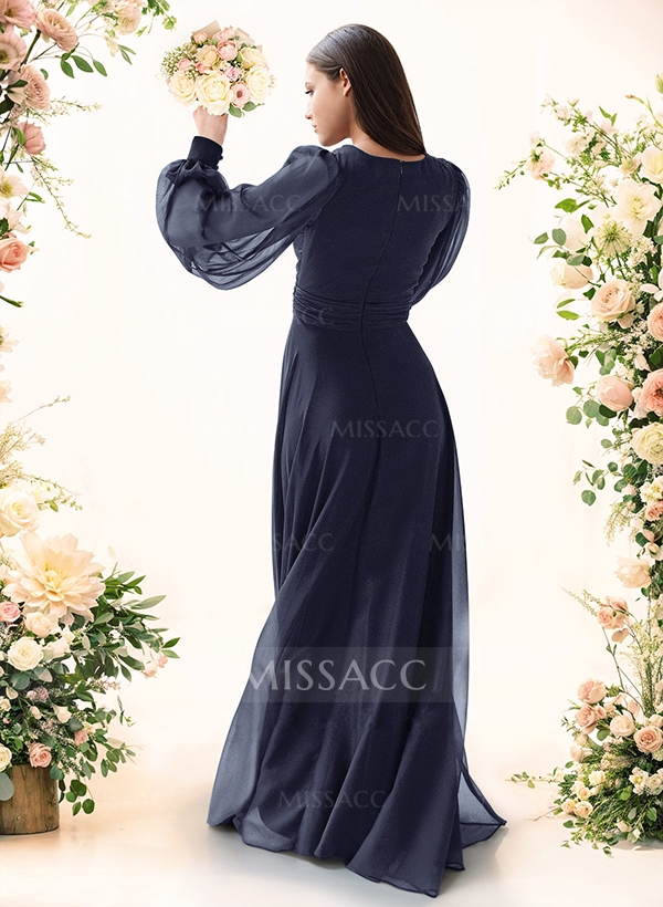 A-Line V-Neck Long Sleeves Floor-Length Chiffon Bridesmaid Dresses With Split Front