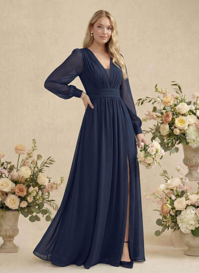 A-Line V-Neck Long Sleeves Floor-Length Chiffon Bridesmaid Dresses With Split Front