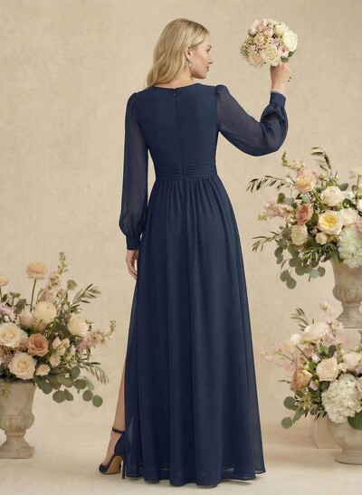 A-Line V-Neck Long Sleeves Floor-Length Chiffon Bridesmaid Dresses With Split Front