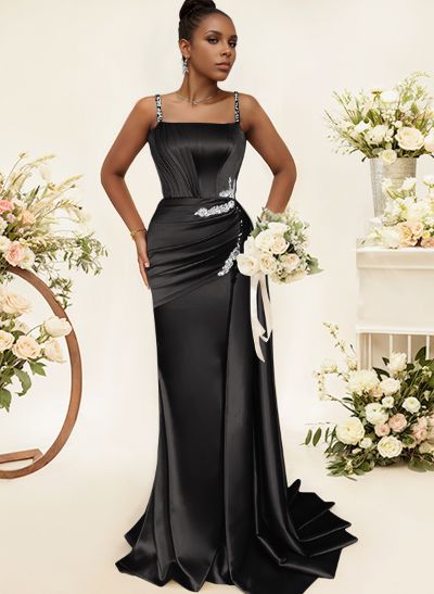 Sheath/Column Square Neckline Sleeveless Soft Satin Bridesmaid Dresses With Rhinestone