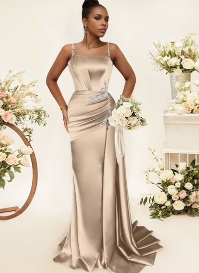 Sheath/Column Square Neckline Sleeveless Soft Satin Bridesmaid Dresses With Rhinestone