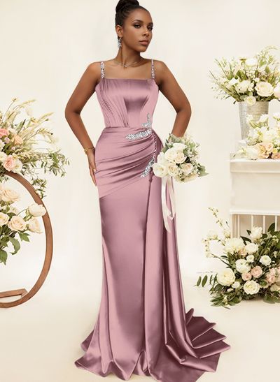 Sheath/Column Square Neckline Sleeveless Soft Satin Bridesmaid Dresses With Rhinestone