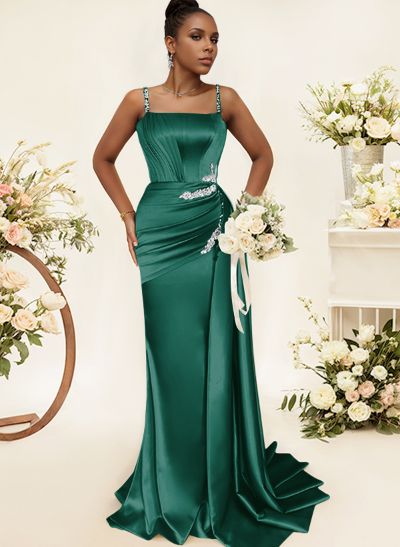 Sheath/Column Square Neckline Sleeveless Soft Satin Bridesmaid Dresses With Rhinestone