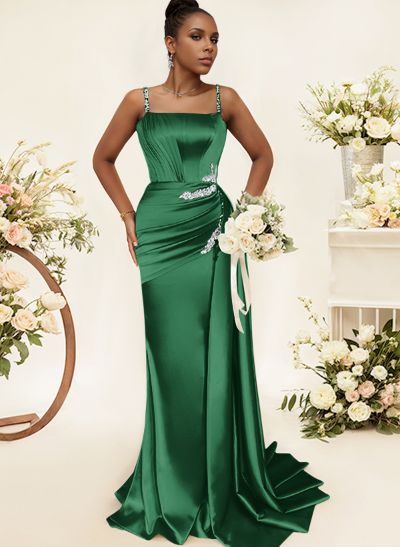 Sheath/Column Square Neckline Sleeveless Soft Satin Bridesmaid Dresses With Rhinestone