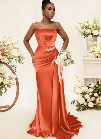 Sheath/Column Square Neckline Sleeveless Soft Satin Bridesmaid Dresses With Rhinestone