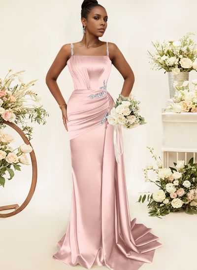 Sheath/Column Square Neckline Sleeveless Soft Satin Bridesmaid Dresses With Rhinestone