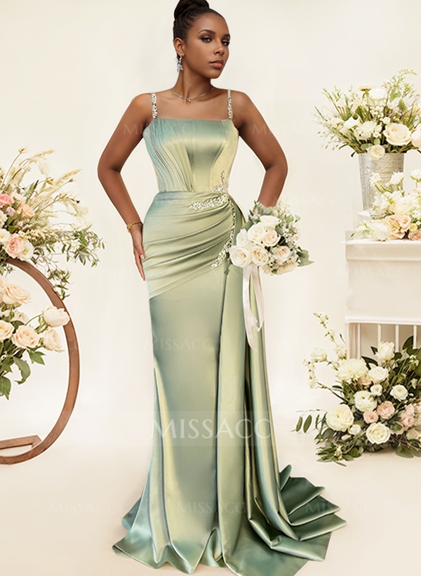 Sheath/Column Square Neckline Sleeveless Soft Satin Bridesmaid Dresses With Rhinestone