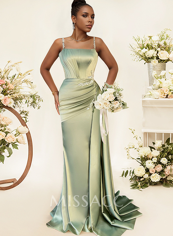 Sheath/Column Square Neckline Sleeveless Soft Satin Bridesmaid Dresses With Rhinestone Sheath/Column Square Neckline Sleeveless Soft Satin Bridesmaid Dresses With Rhinestone
