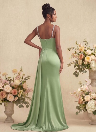 Sheath/Column Square Neckline Sleeveless Soft Satin Bridesmaid Dresses With Rhinestone
