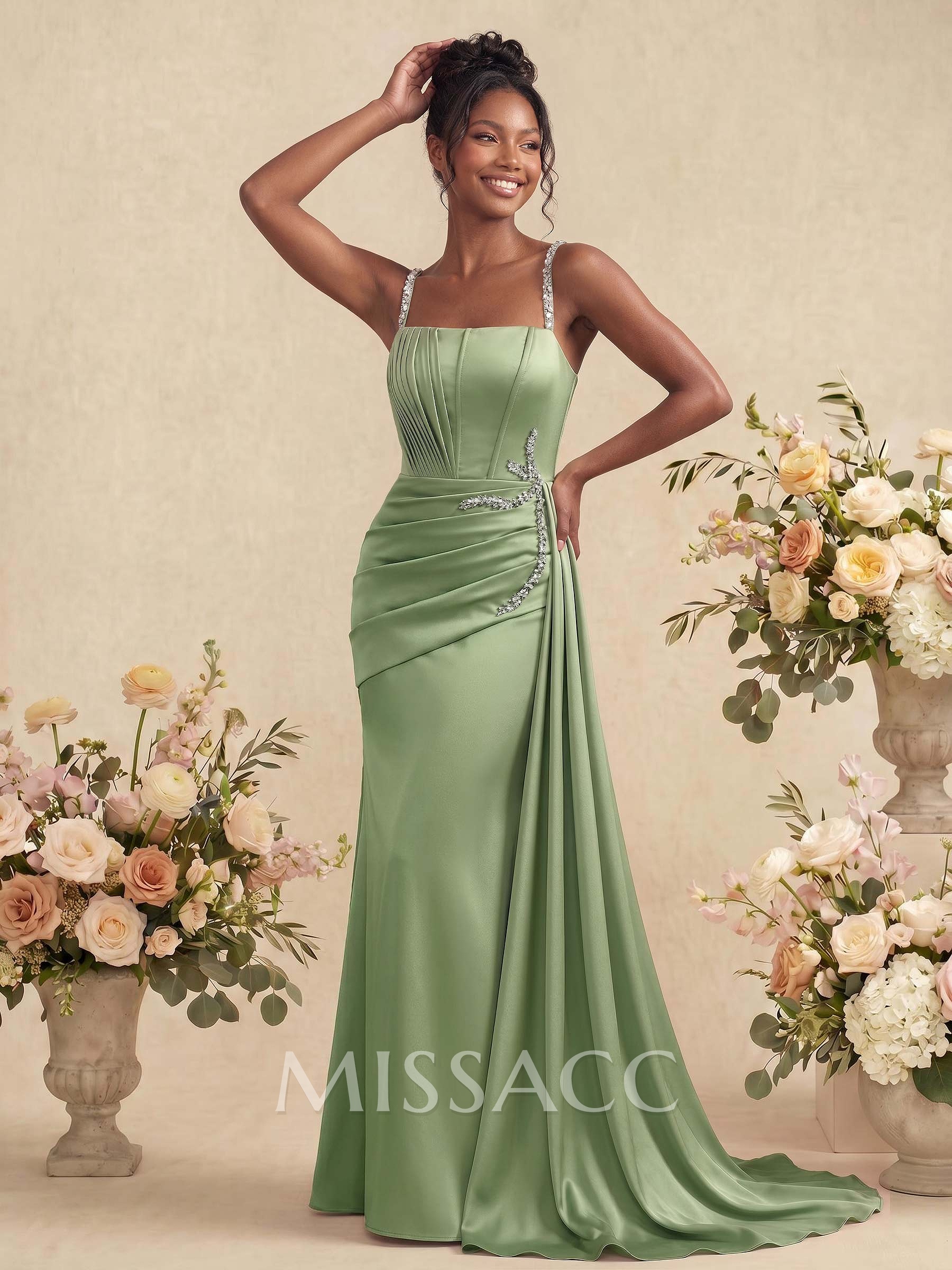 Sheath/Column Square Neckline Sleeveless Soft Satin Bridesmaid Dresses With Rhinestone Sheath/Column Square Neckline Sleeveless Soft Satin Bridesmaid Dresses With Rhinestone