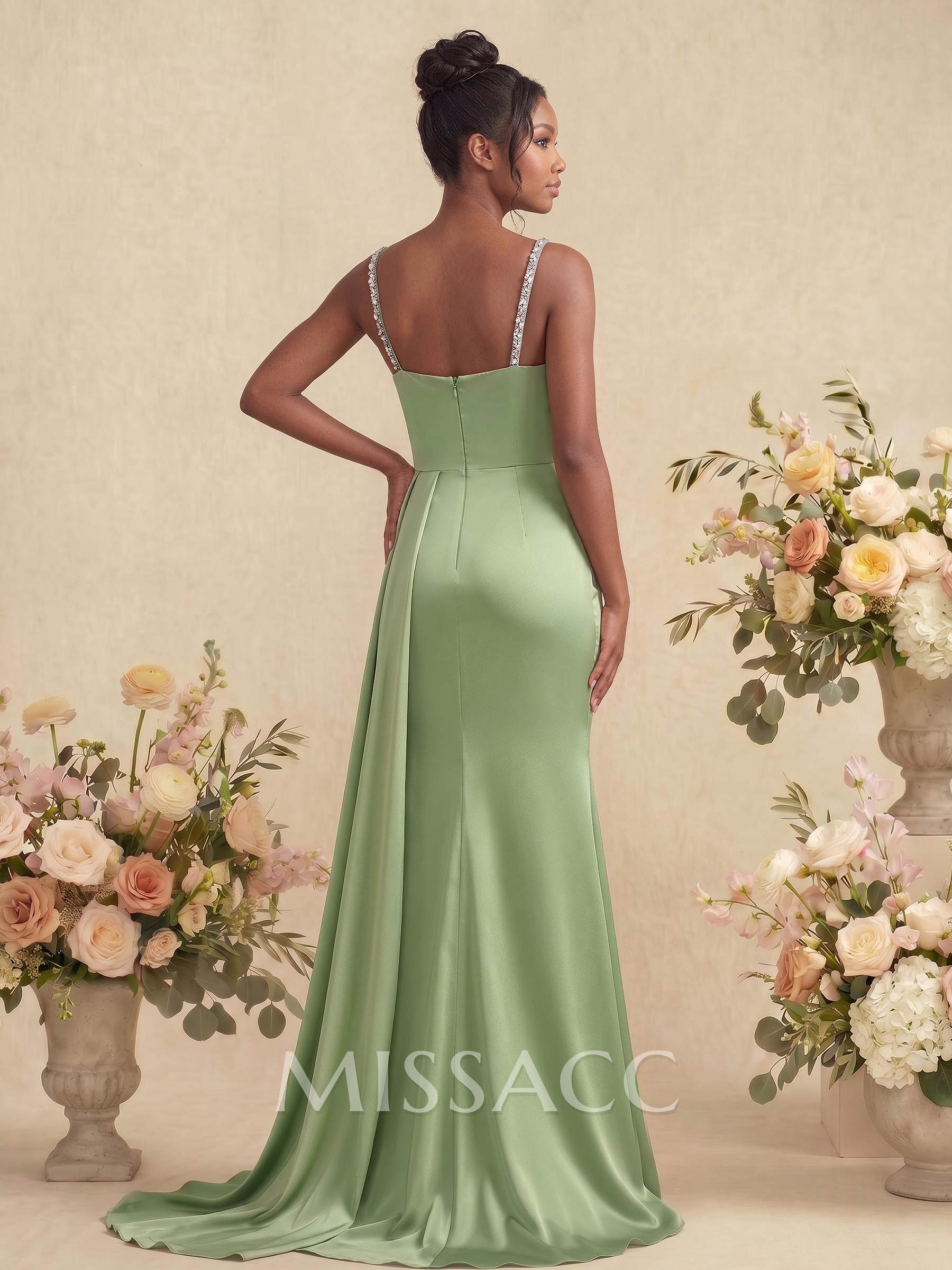 Sheath/Column Square Neckline Sleeveless Soft Satin Bridesmaid Dresses With Rhinestone Sheath/Column Square Neckline Sleeveless Soft Satin Bridesmaid Dresses With Rhinestone